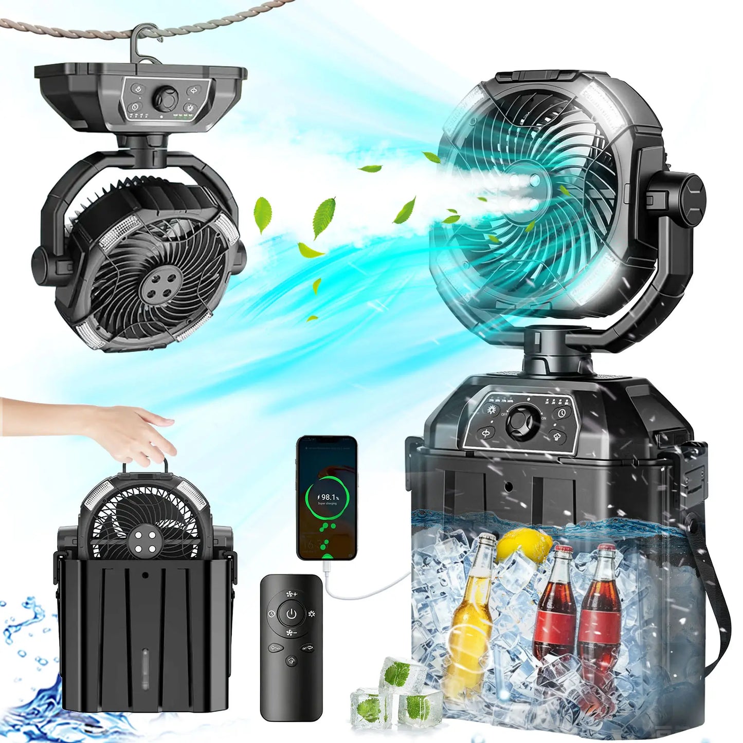 ❄️Portable Rechargeable Mist Cooling Fan with LED Light, 360° Rotating, 48H Battery, Cordless