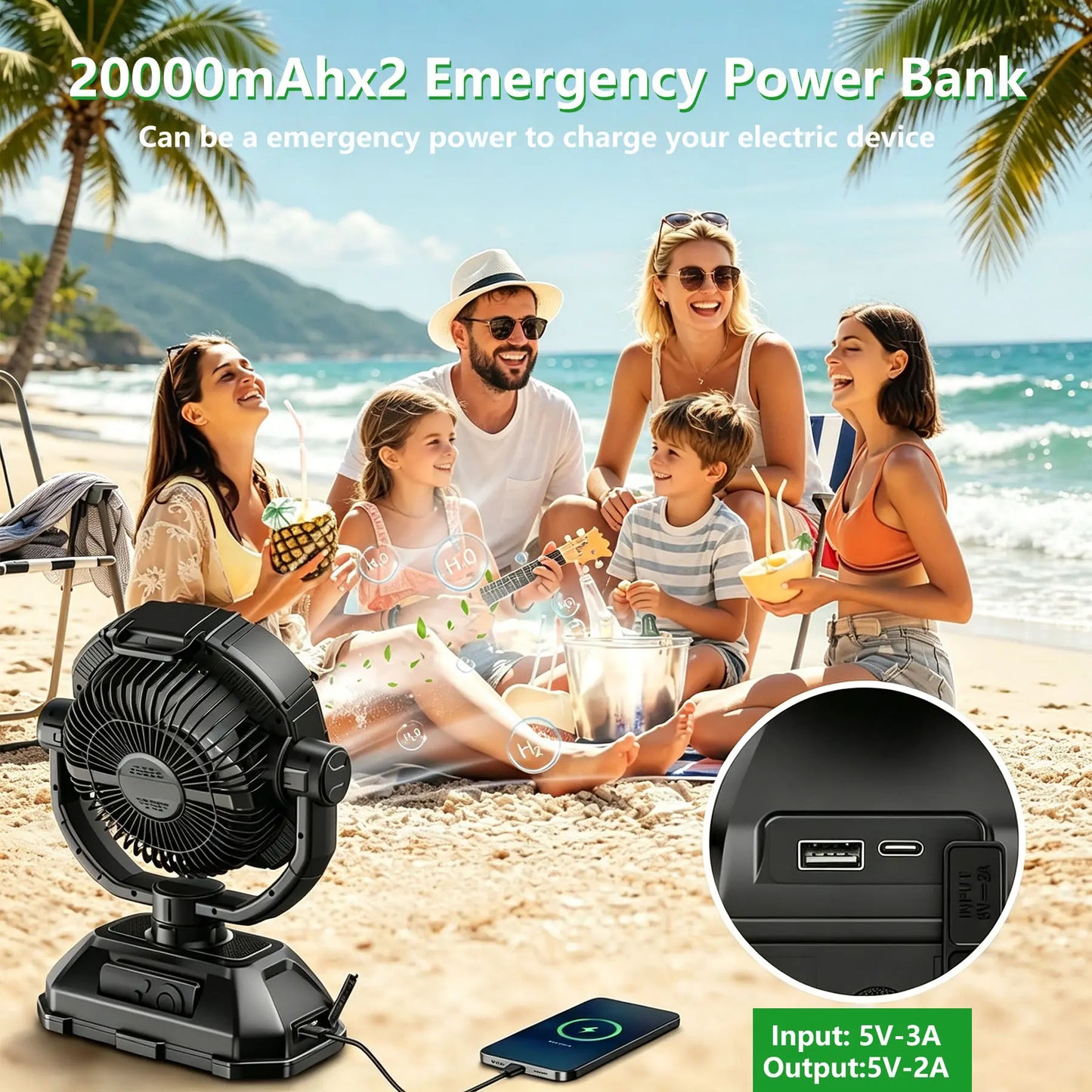 ❄️Portable Rechargeable Mist Cooling Fan with LED Light, 360° Rotating, 48H Battery, Cordless